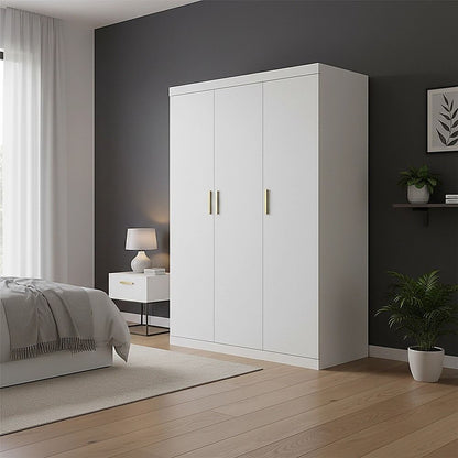 3-Door White Wardrobe – Gold Handles, Hanging Rail & Shelves