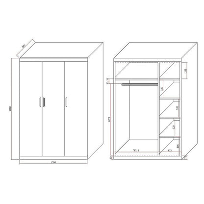 3-Door White Wardrobe – Gold Handles, Hanging Rail & Shelves
