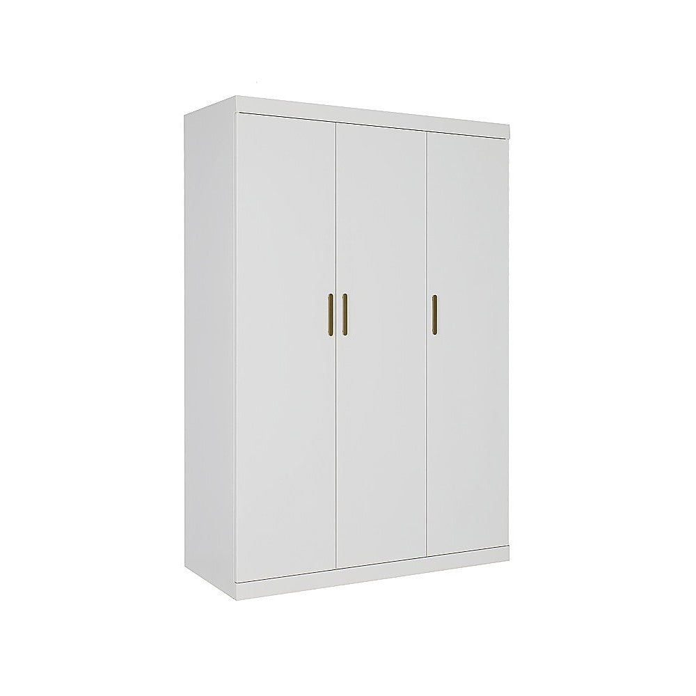 3 Door White Wardrobe – Gold Handles, Hanging Rail & Shelves