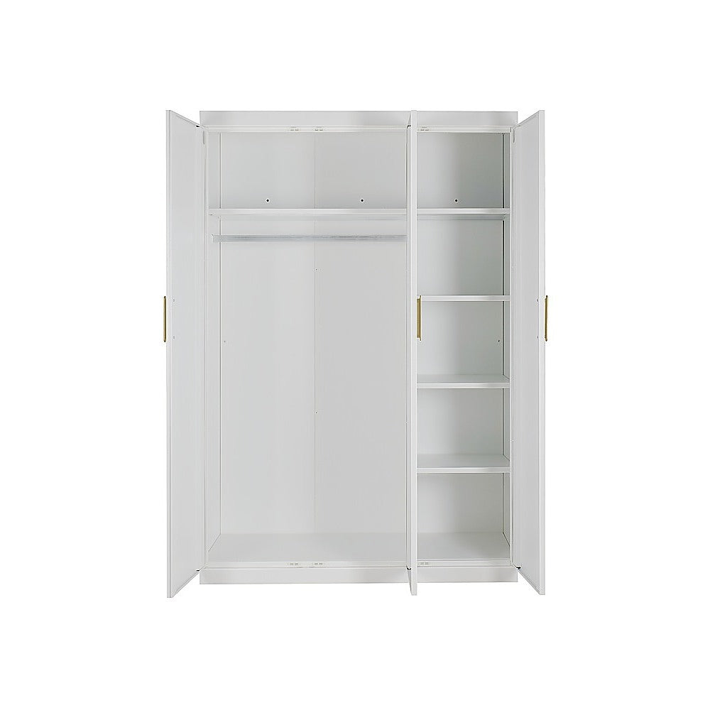 3 Door White Wardrobe – Gold Handles, Hanging Rail & Shelves