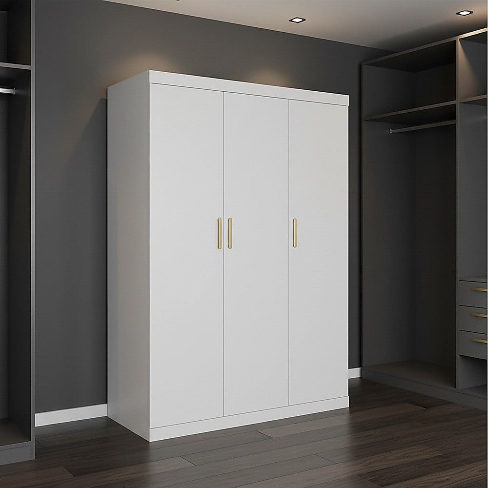 3-Door White Wardrobe – Gold Handles, Hanging Rail & Shelves