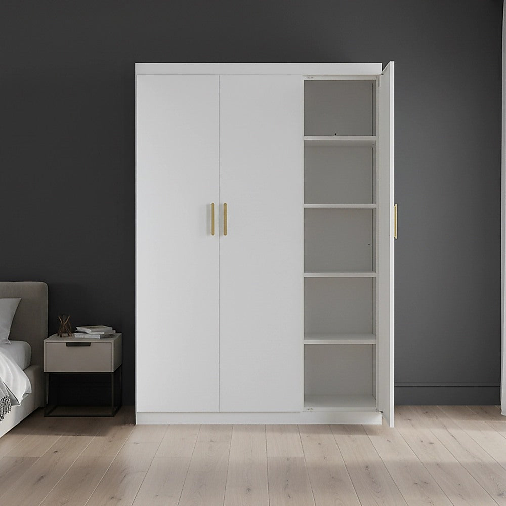 3-Door White Wardrobe – Gold Handles, Hanging Rail & Shelves