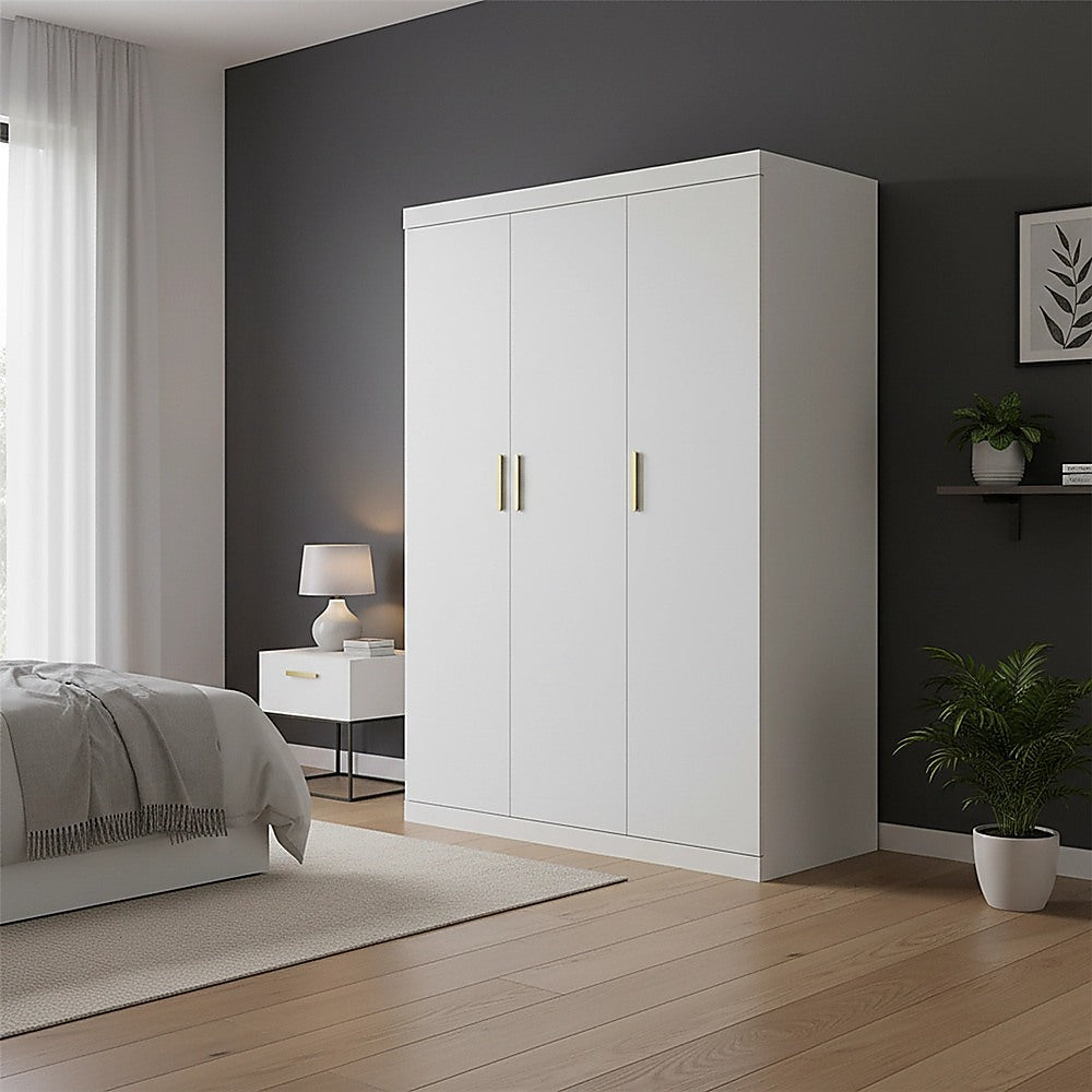 3-Door White Wardrobe – Gold Handles, Hanging Rail & Shelves