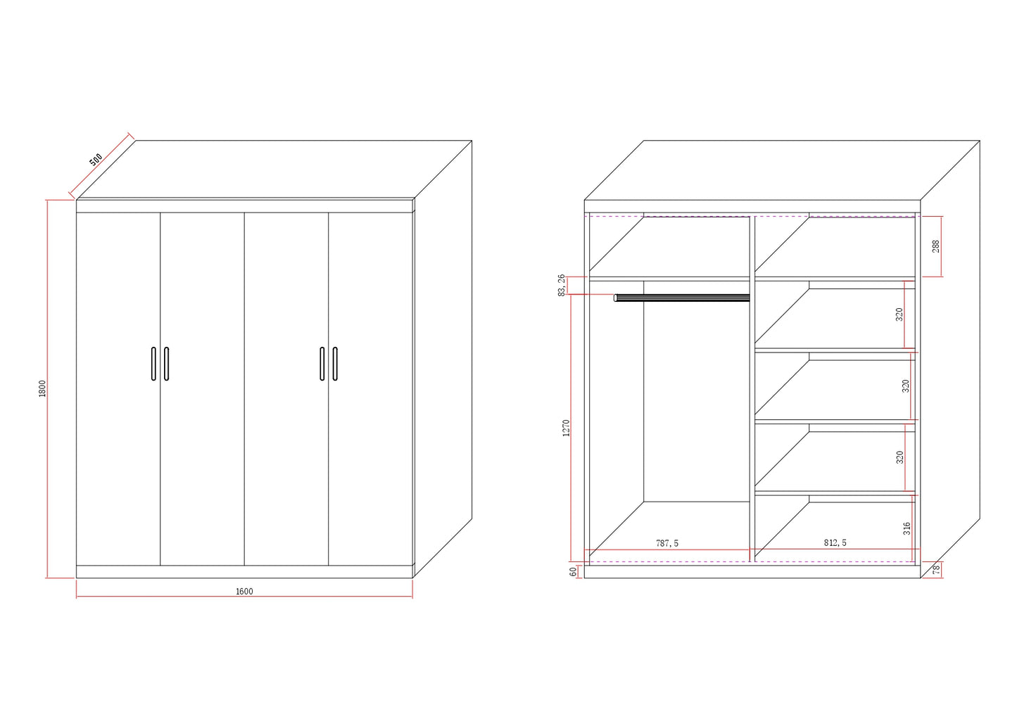 4 Door Wardrobe in White Gloss – Hanging Rail, Shelves & White Handles