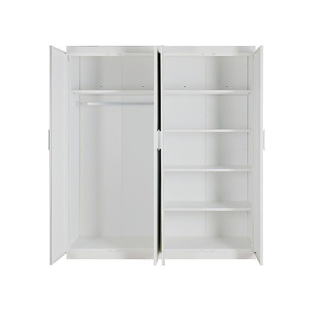 4 Door White Wardrobe Cabinet – Hanging Rail, Shelves & White Handles
