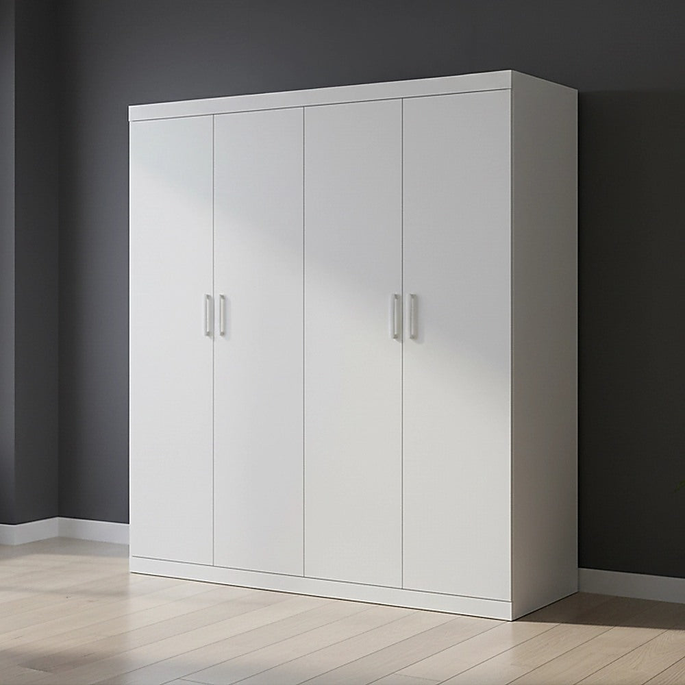 4-Door White Wardrobe – Hanging Rail and Shelves, Steel with White Handles