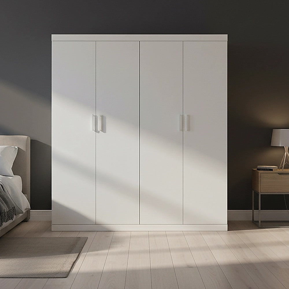 4-Door White Wardrobe – Hanging Rail and Shelves, Steel with White Handles