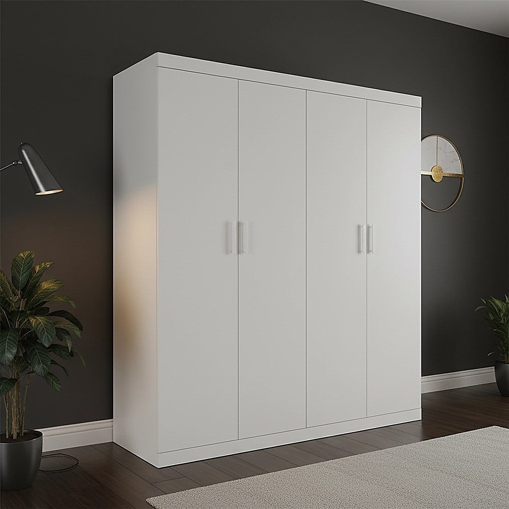 4-Door White Wardrobe – Hanging Rail and Shelves, Steel with White Handles