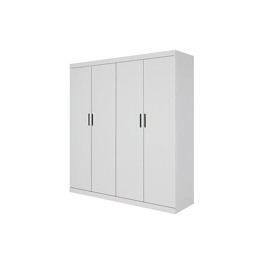 4 Door White Wardrobe Cabinet – Hanging Rail, Shelves & Black Handles