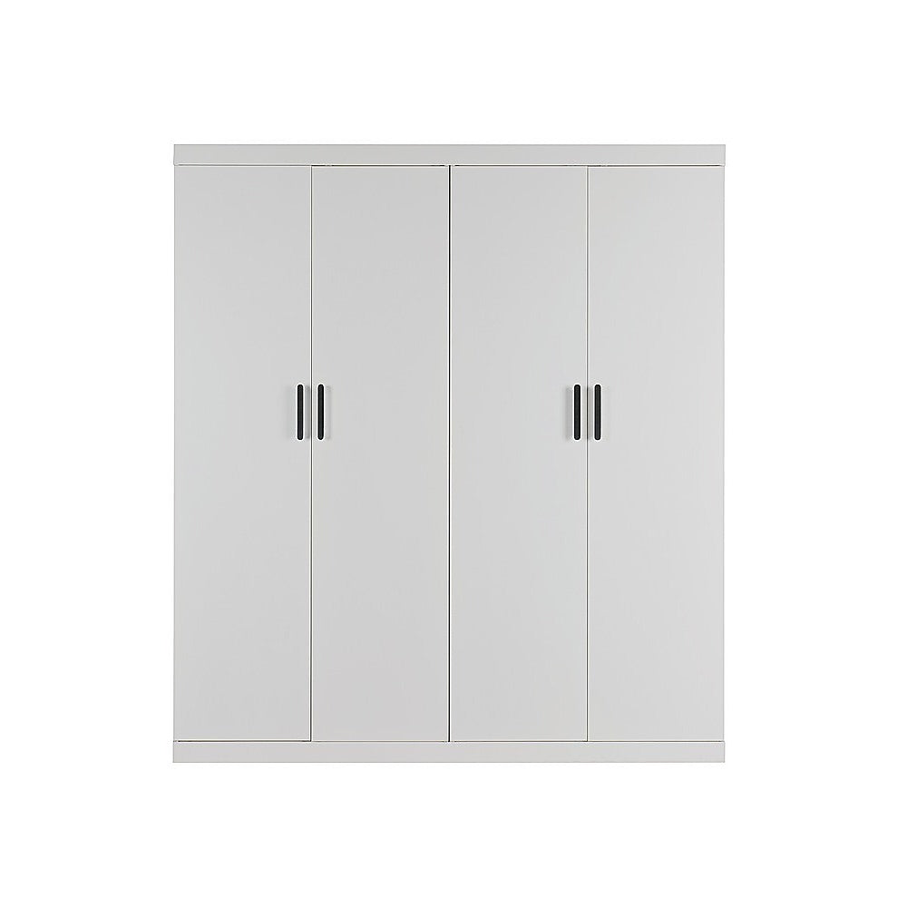 4 Door White Wardrobe Cabinet – Hanging Rail, Shelves & Black Handles