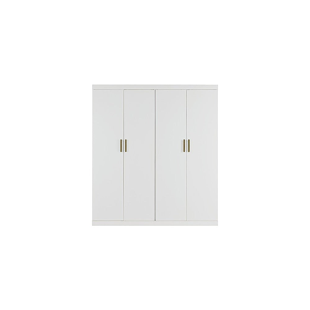 4 Door White Wardrobe Cabinet – Hanging Rail, Shelves & Gold Handles