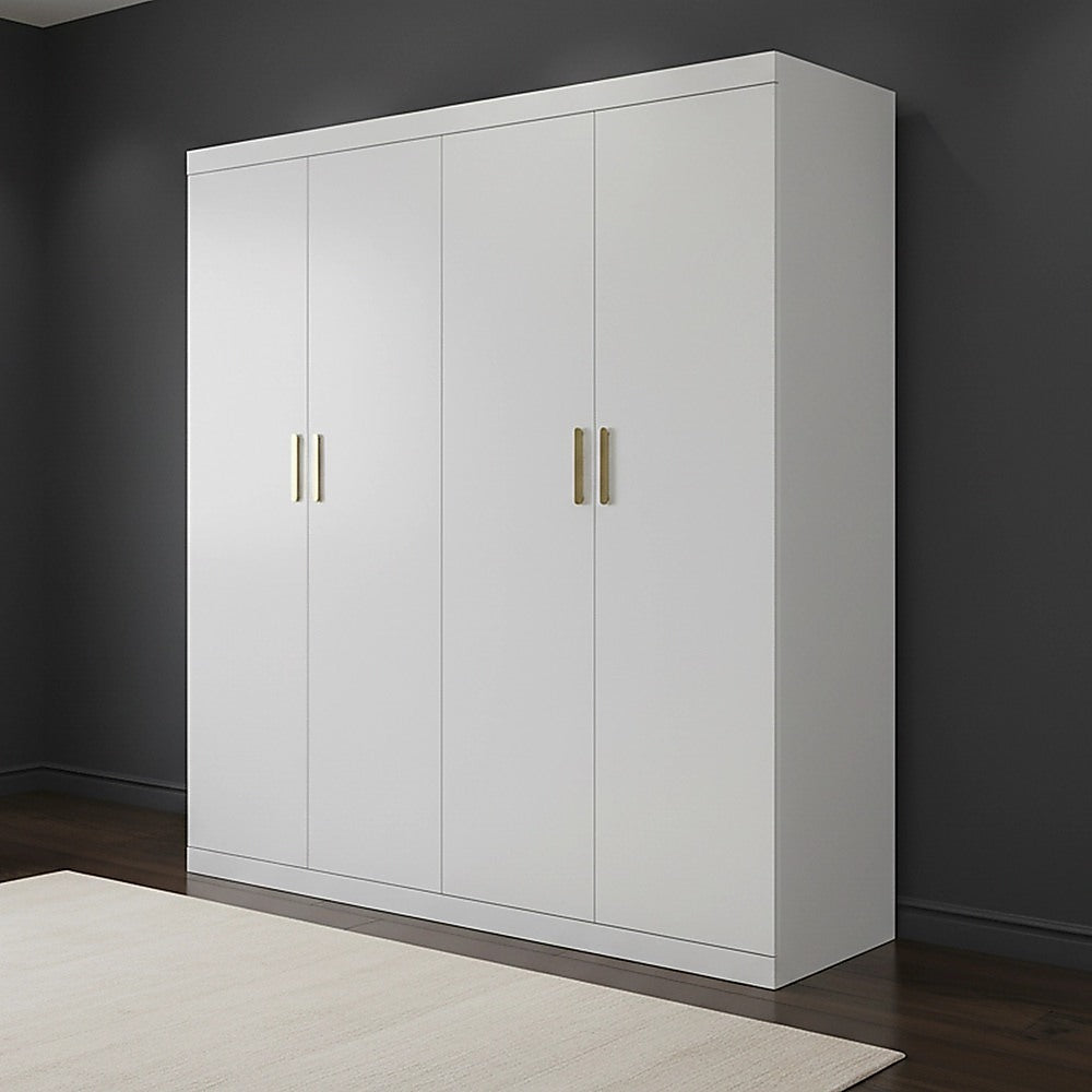 White 4-Door Wardrobe – Hanging Rail, Shelves, Gold Handles