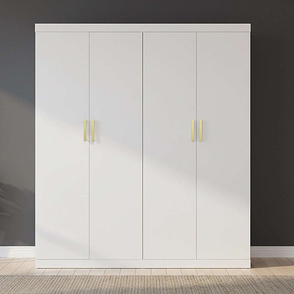 White 4-Door Wardrobe – Hanging Rail, Shelves, Gold Handles
