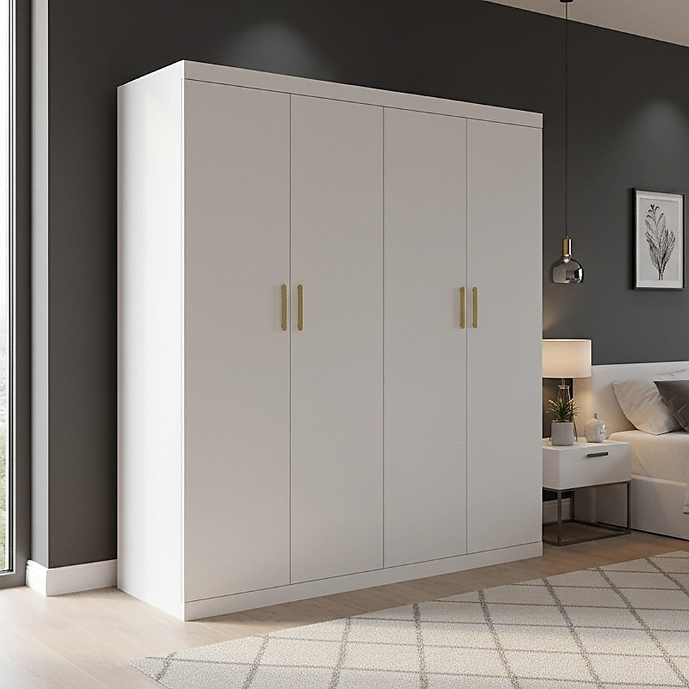 White 4-Door Wardrobe – Hanging Rail, Shelves, Gold Handles