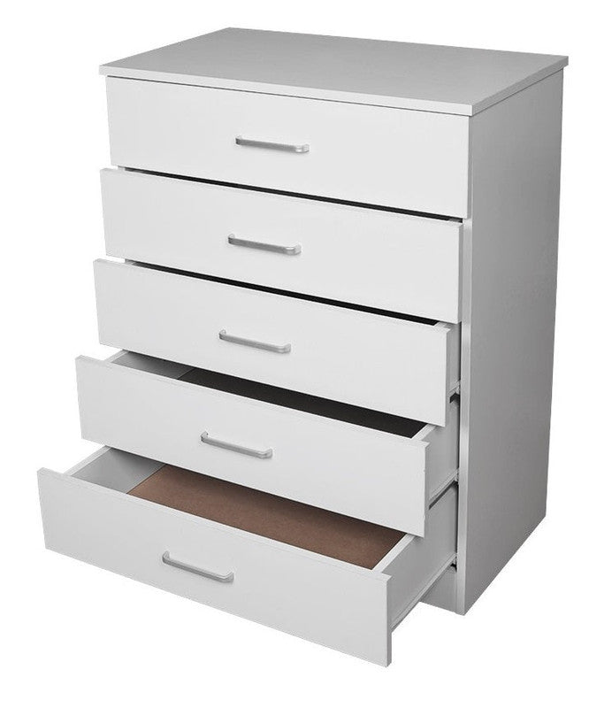 Five-Drawer Chest – White Melamine, Impact-Resistant, Smooth Metal Runners