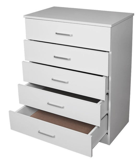 Five-Drawer Chest – White Melamine, Impact-Resistant, Smooth Metal Runners