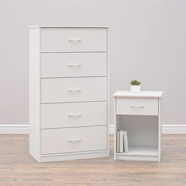 Five-Drawer Chest – White Melamine, Impact-Resistant, Smooth Metal Runners