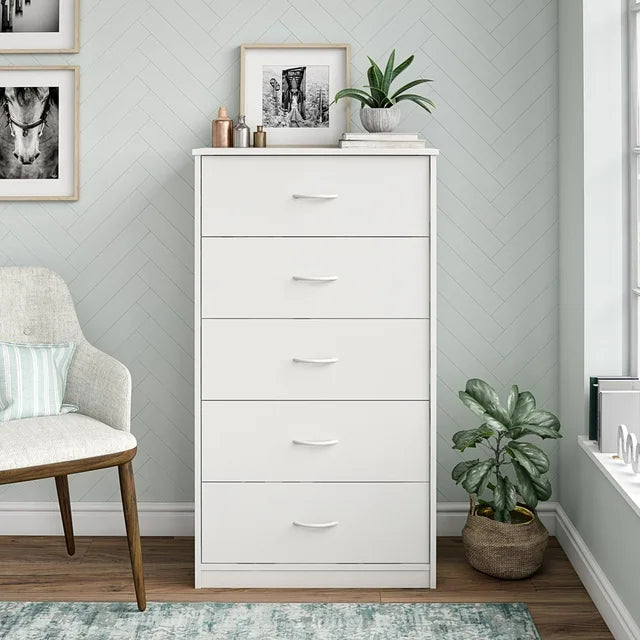 Five-Drawer Chest – White Melamine, Impact-Resistant, Smooth Metal Runners
