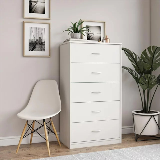 Five-Drawer Chest – White Melamine, Impact-Resistant, Smooth Metal Runners