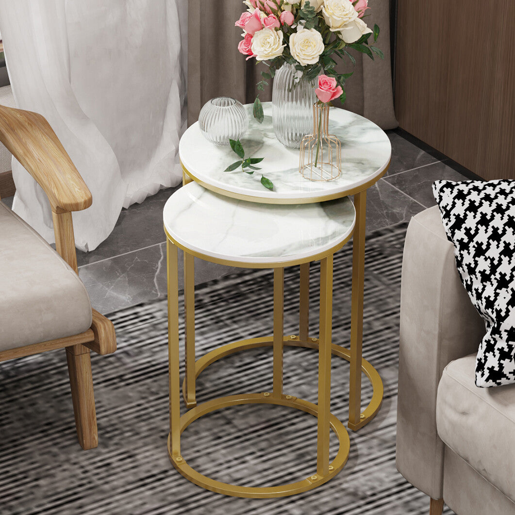 Gold Marble Nesting Side Tables – Round Small Coffee Tables
