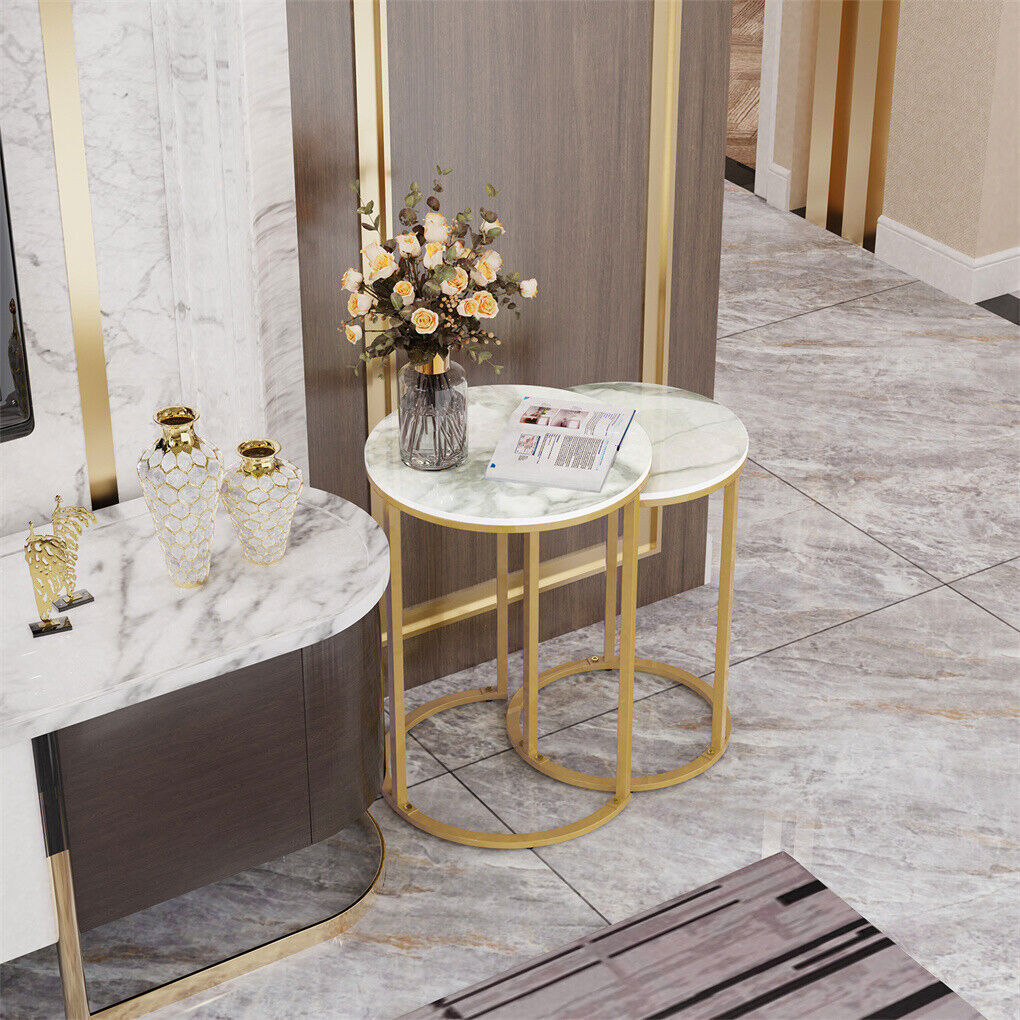 Gold Marble Nesting Side Tables – Round Small Coffee Tables