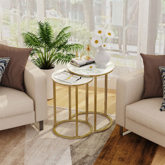 Gold Marble Nesting Side Tables – Round Small Coffee Tables