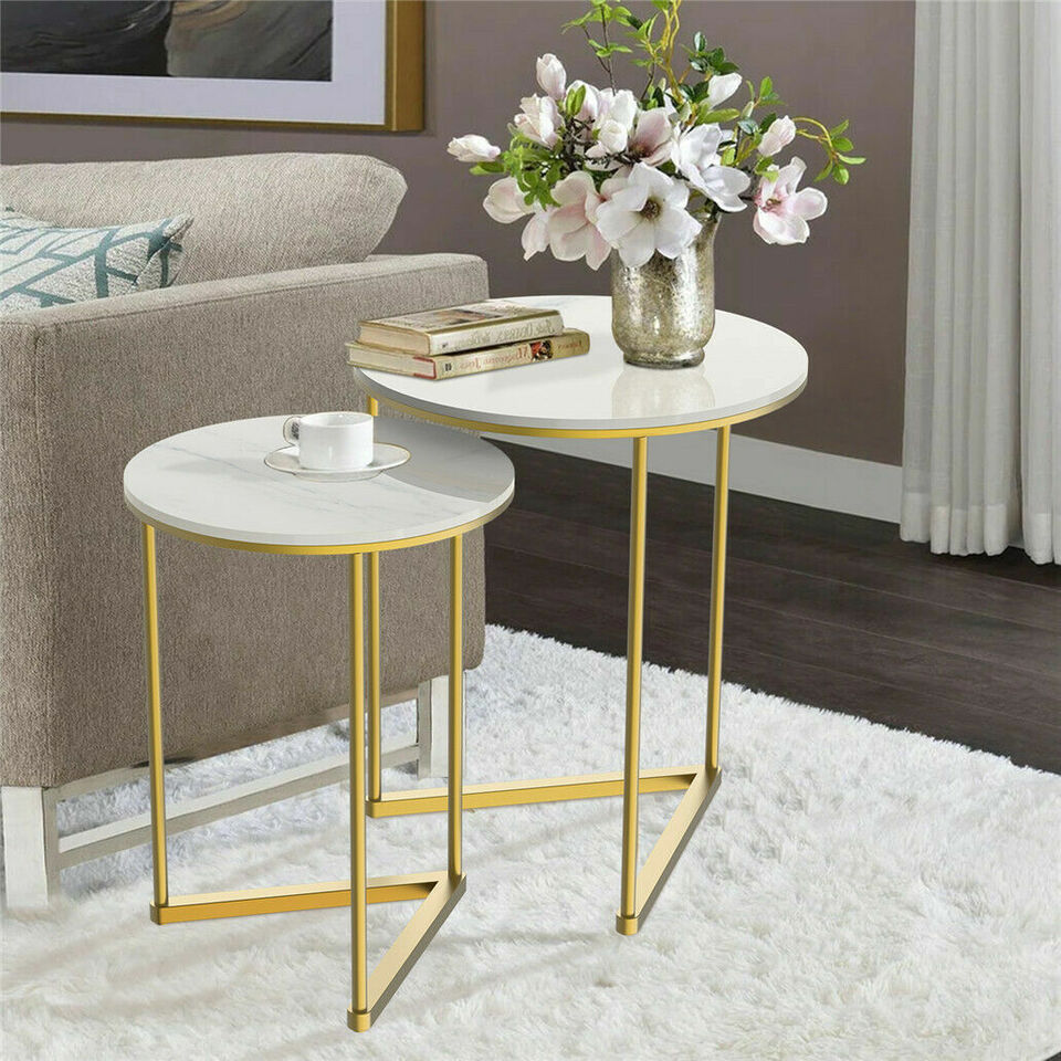 Nesting End Tables Set – Sintered Stone with Gold and White Metal