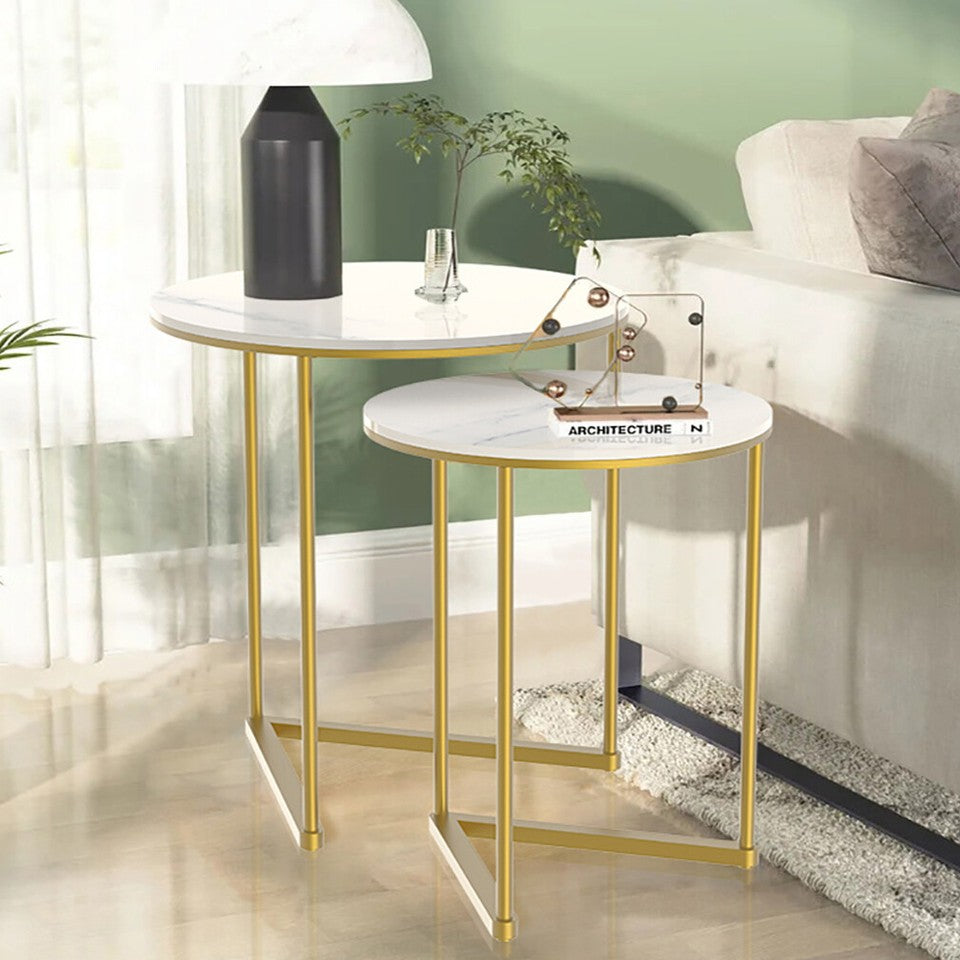 Nesting End Tables Set – Sintered Stone with Gold and White Metal