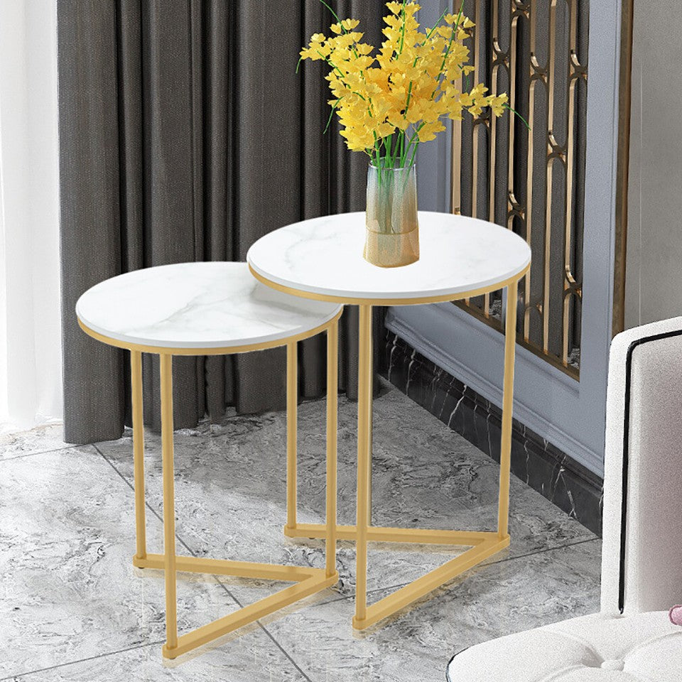 Nesting End Tables Set – Sintered Stone with Gold and White Metal