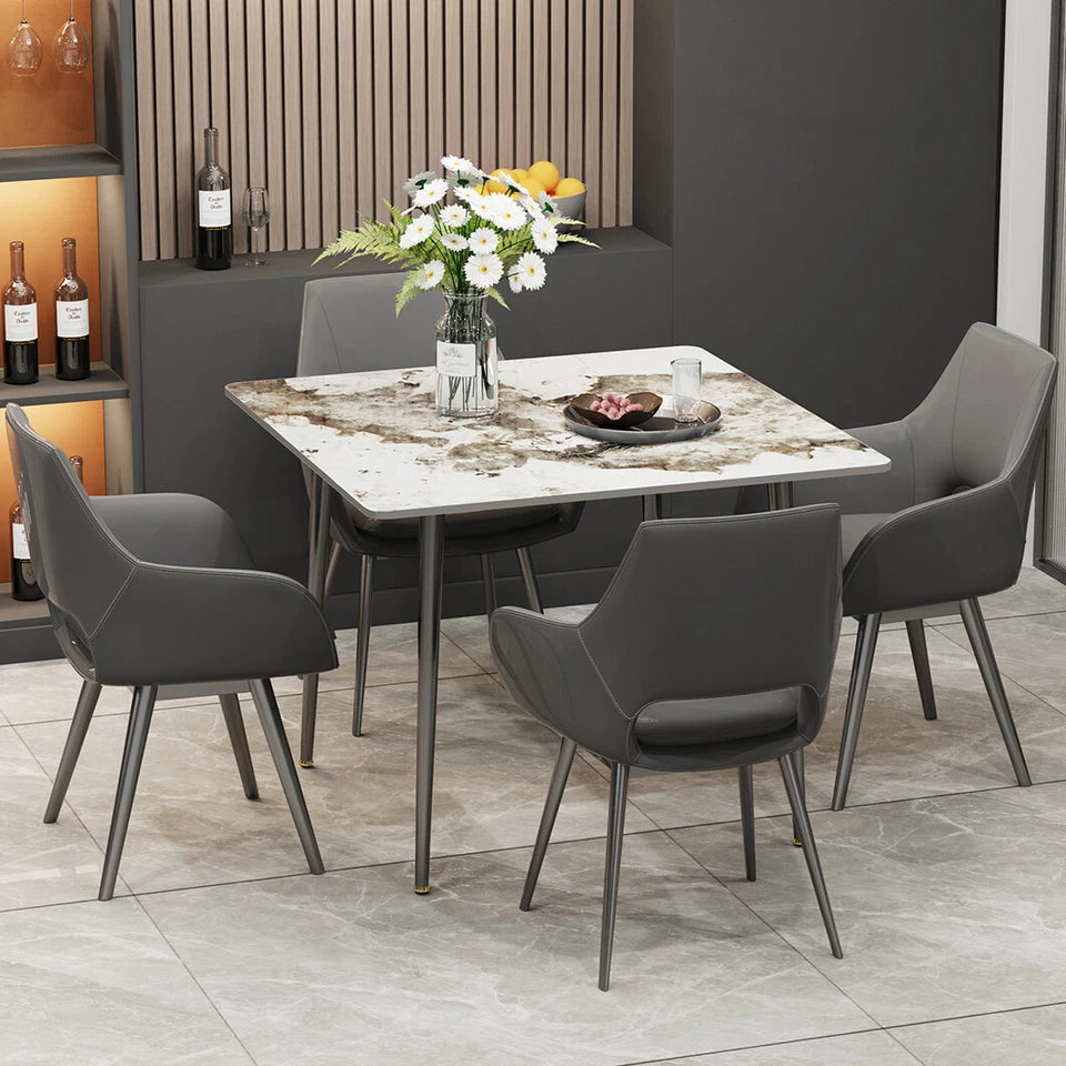 Dining Table – Glossy White Sintered Stone Top with Black Metal Base