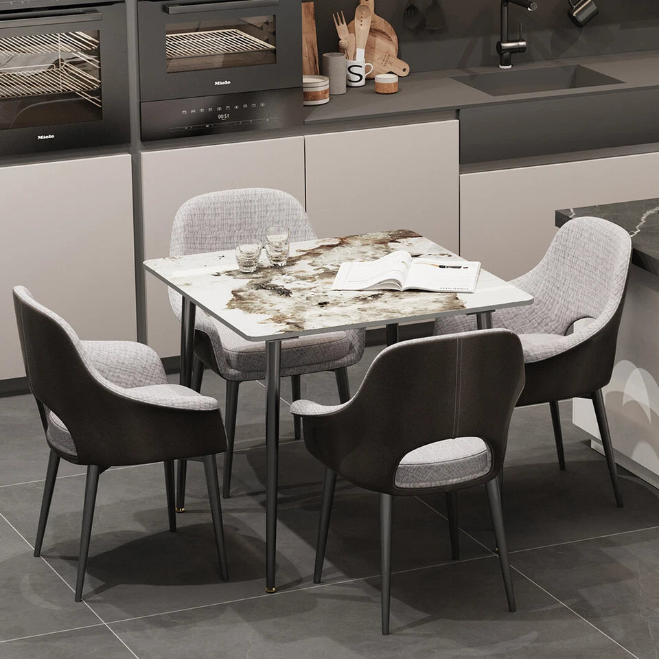 Dining Table – Glossy White Sintered Stone Top with Black Metal Base