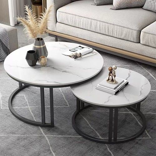 Round Nesting Coffee Tables – Stacking Design, Glossy White Sintered Stone and Metal Frame