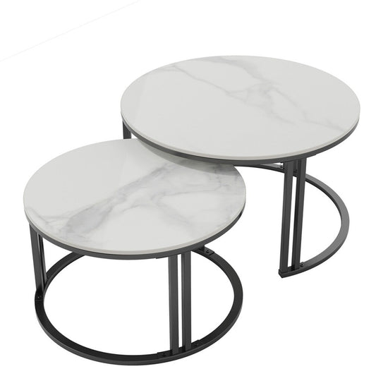 Round Nesting Coffee Tables – Stacking Design, Glossy White Sintered Stone and Metal Frame