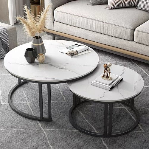 Round Nesting Coffee Tables – Stacking Design, Glossy White Sintered Stone and Metal Frame