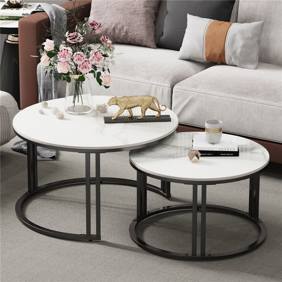 Round Nesting Coffee Tables – Stacking Design, Glossy White Sintered Stone and Metal Frame