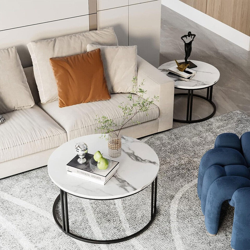 Round Nesting Coffee Tables – Stacking Design, Glossy White Sintered Stone and Metal Frame