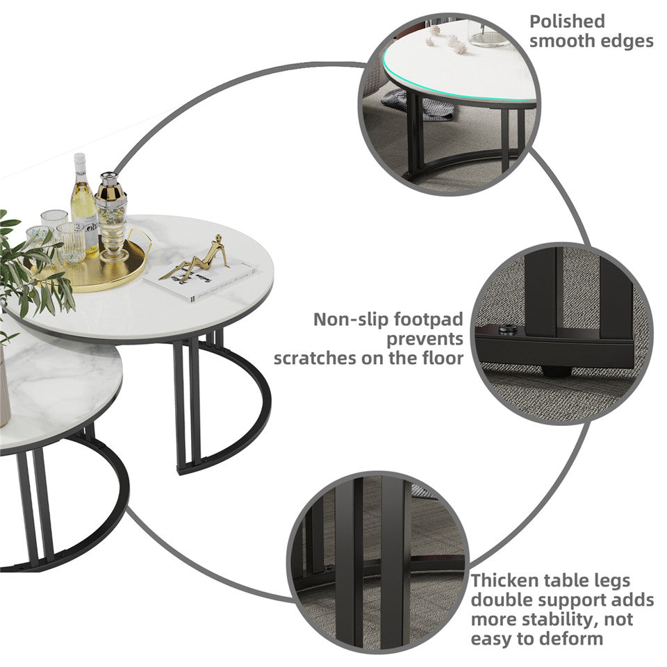 Round Nesting Coffee Tables – Stacking Design, Glossy White Sintered Stone and Metal Frame