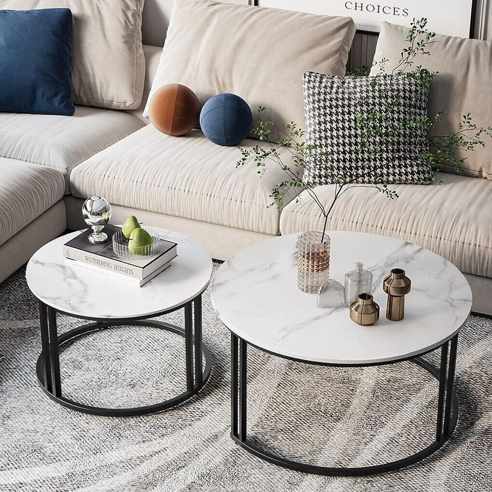Round Nesting Coffee Tables – Stacking Design, Glossy White Sintered Stone and Metal Frame