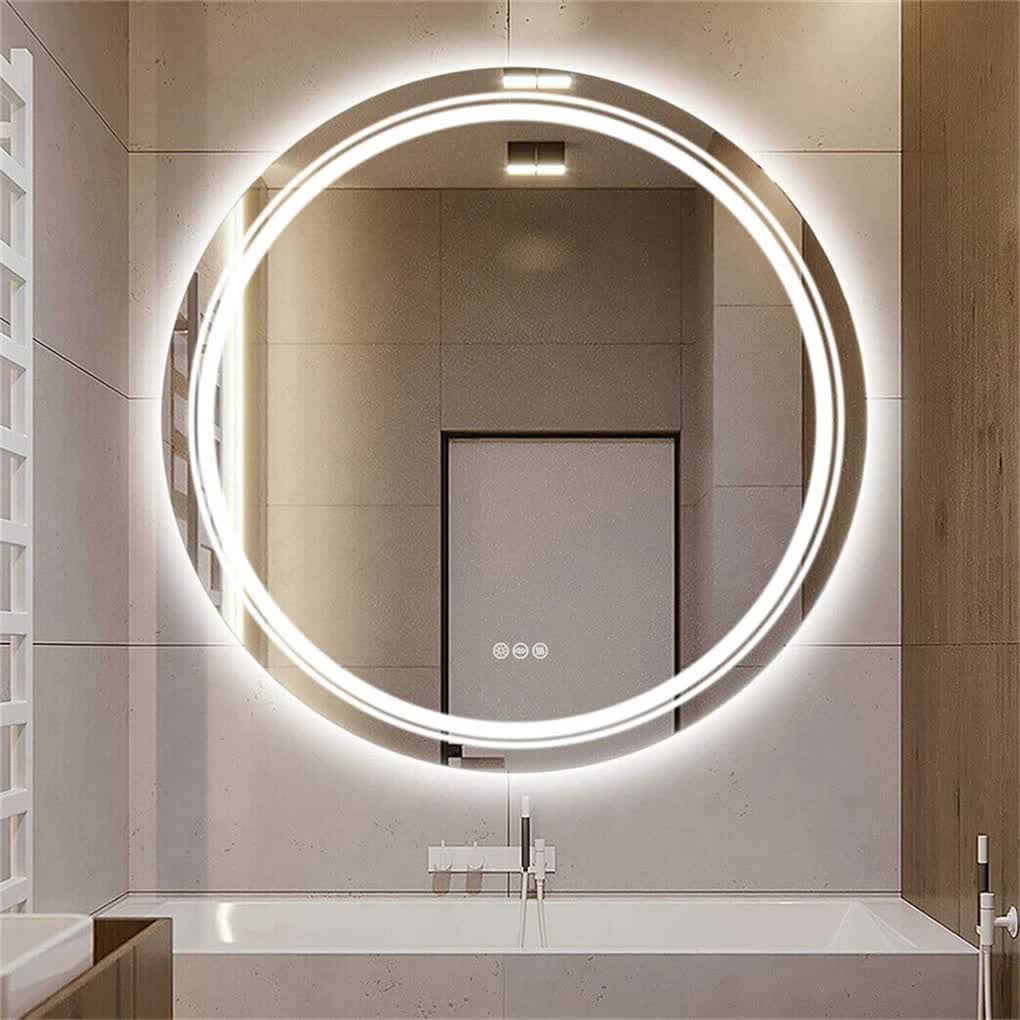 P&P Silver Mirror With White Frame Round LED Bathroom Mirror