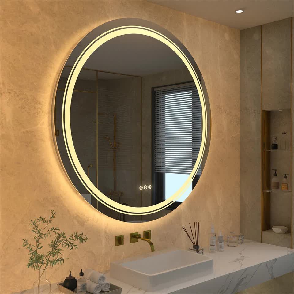 P&P Silver Mirror With White Frame Round LED Bathroom Mirror