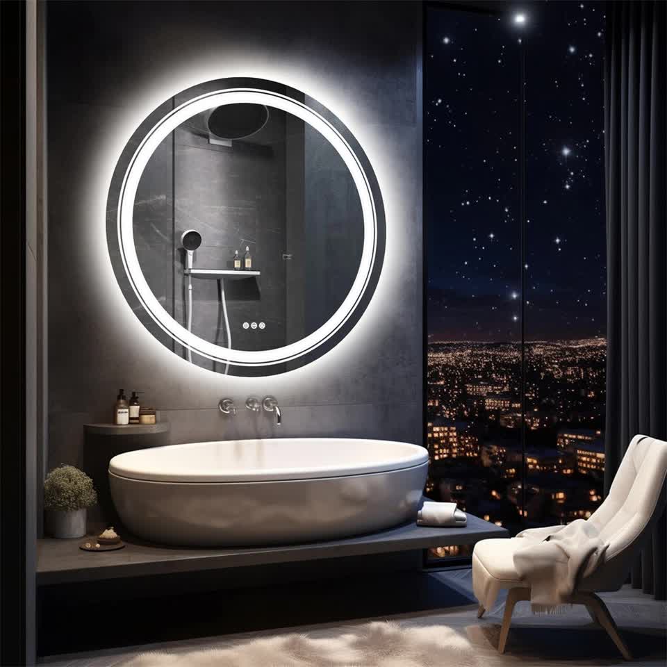 P&P Silver Mirror With White Frame Round LED Bathroom Mirror