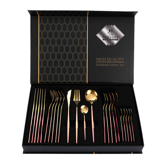 Premium 24-Piece Stainless Steel Cutlery Set - Elegant Golden Steak Knife, Fork, and Spoon Set in Luxury Gift Box