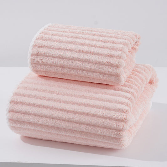 Soft Candy Stripe Coral Fleece Bath Towel and Washcloth Set, Ultra Absorbent, Skin-Friendly