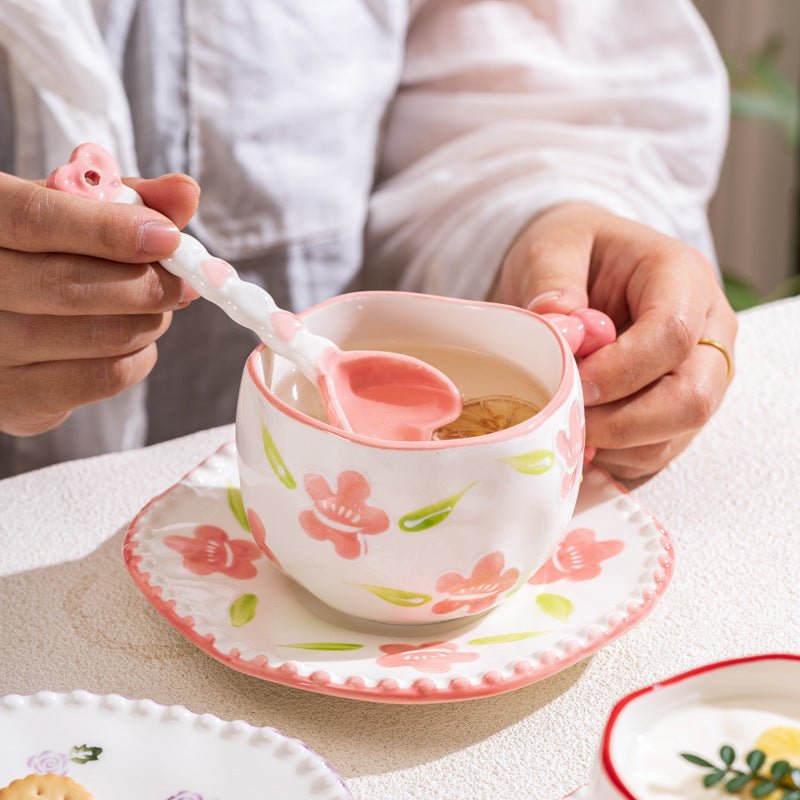 Hand-Painted Ceramic Coffee Mug and Saucer Set - Whimsical Afternoon Tea Cup with Spoon(Blue sky and white clouds)