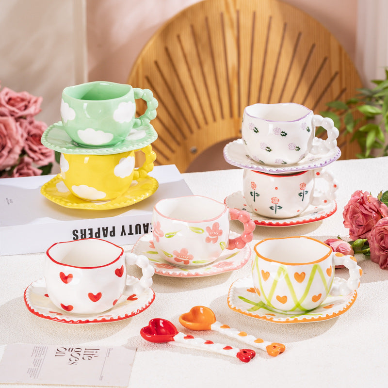 Hand-Painted Ceramic Coffee Mug and Saucer Set - Whimsical Afternoon Tea Cup with Spoon(Red rose)