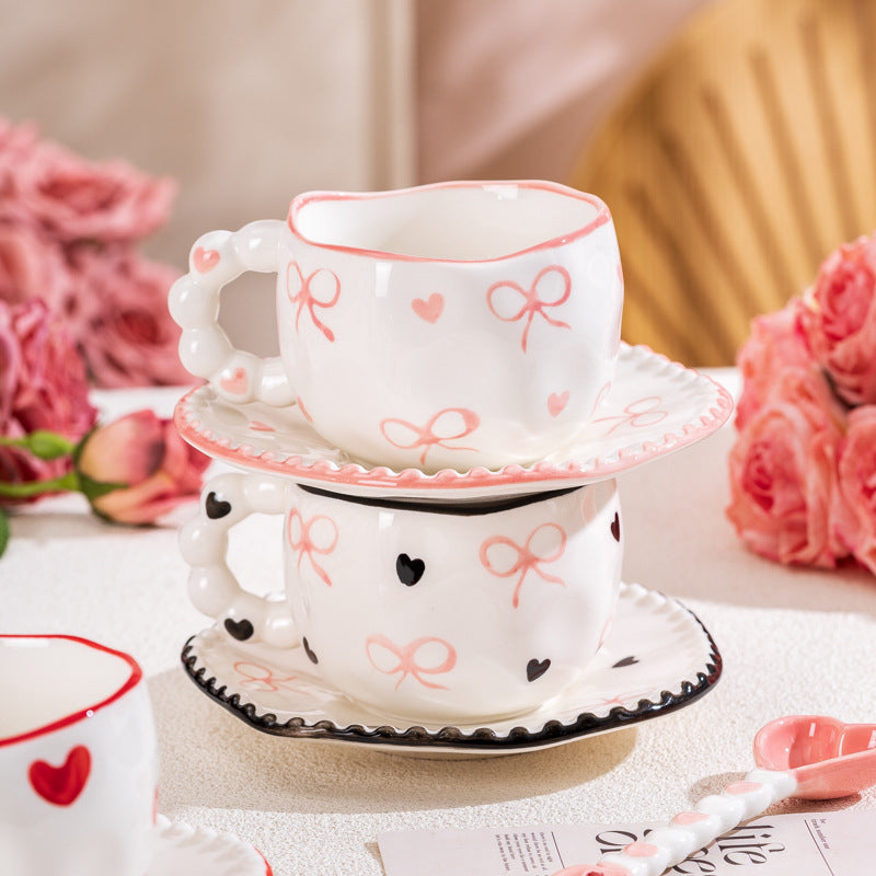 Hand-Painted Ceramic Coffee Mug and Saucer Set - Whimsical Afternoon Tea Cup with Spoon(Red rose)