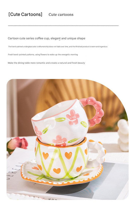 Hand-Painted Ceramic Coffee Mug and Saucer Set - Whimsical Afternoon Tea Cup with Spoon(Red rose)