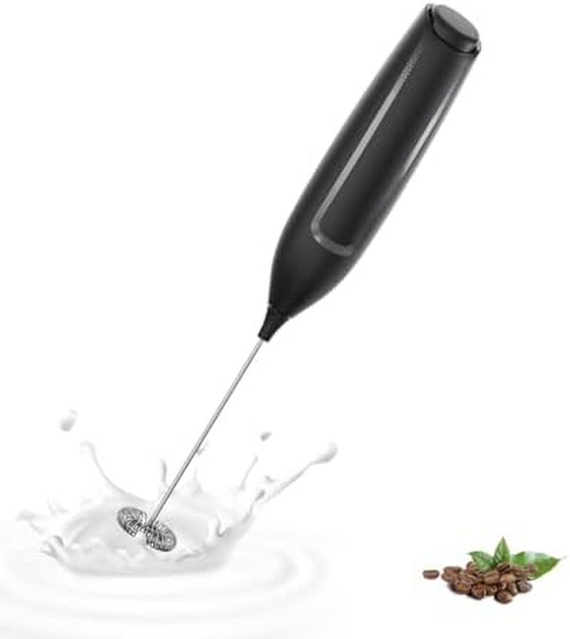 Battery-Powered Frother and Whisk – Dual Stainless Steel Heads, Black with Stand