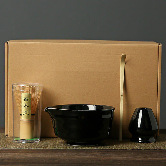 Matcha Tea Ceremony Set – 4-Piece Japanese Traditional Bamboo and Ceramic Kit, Black