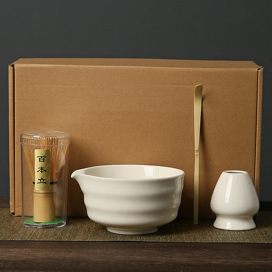 Matcha Tea Ceremony Set – 4-Piece Traditional Japanese Whisk, Bowl, Holder & Scoop in White
